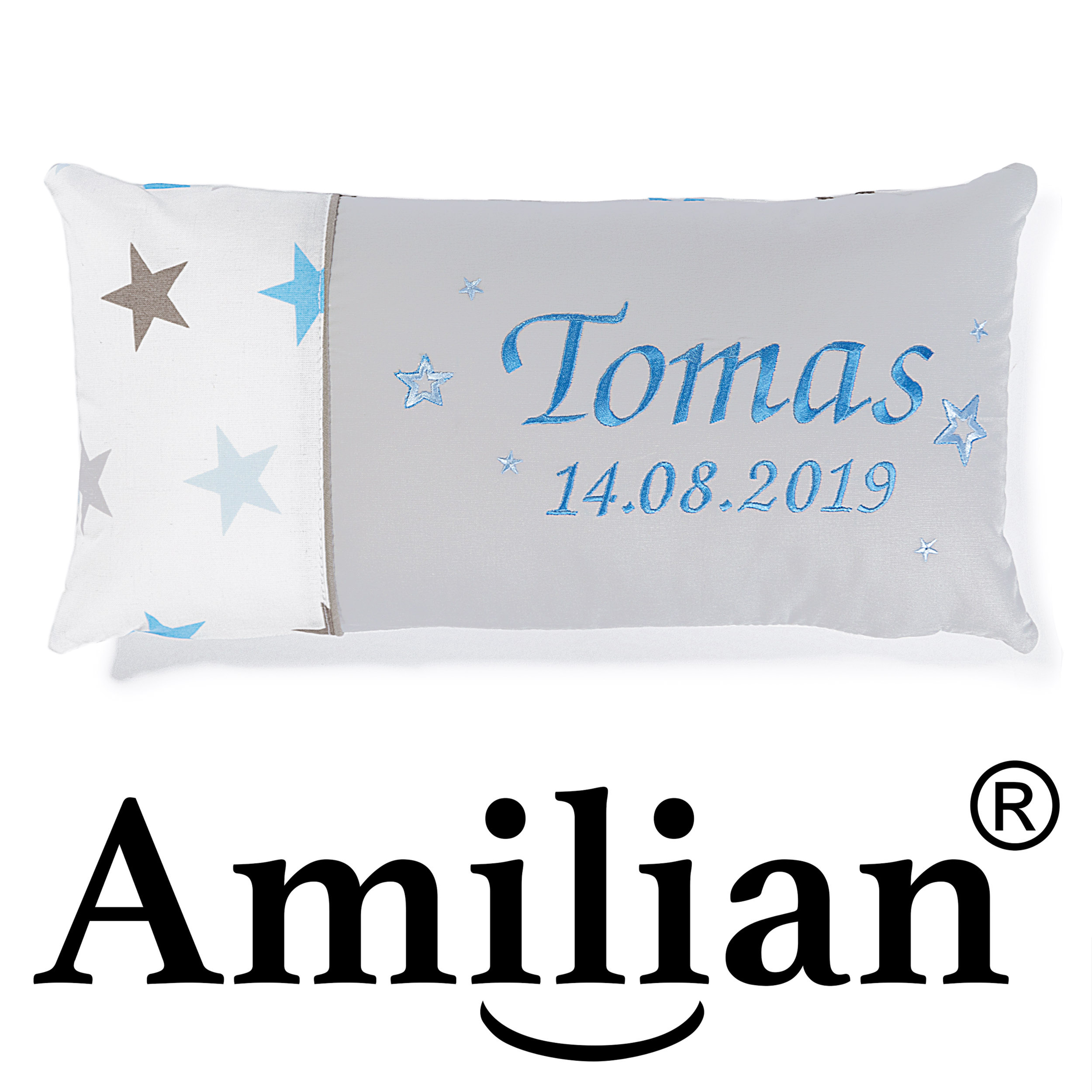 Amilian® Kissen 40 x 60 cm mit Namen Datum Sternchen Groß Blau/Hellgrau