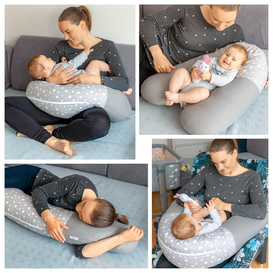 BIG STARS Anthrazit Amilian Stillkissen mit Füllung fürs Baby 170 cm Bezug 100% Baumwolle mit Reißverschluss Babykissen 
