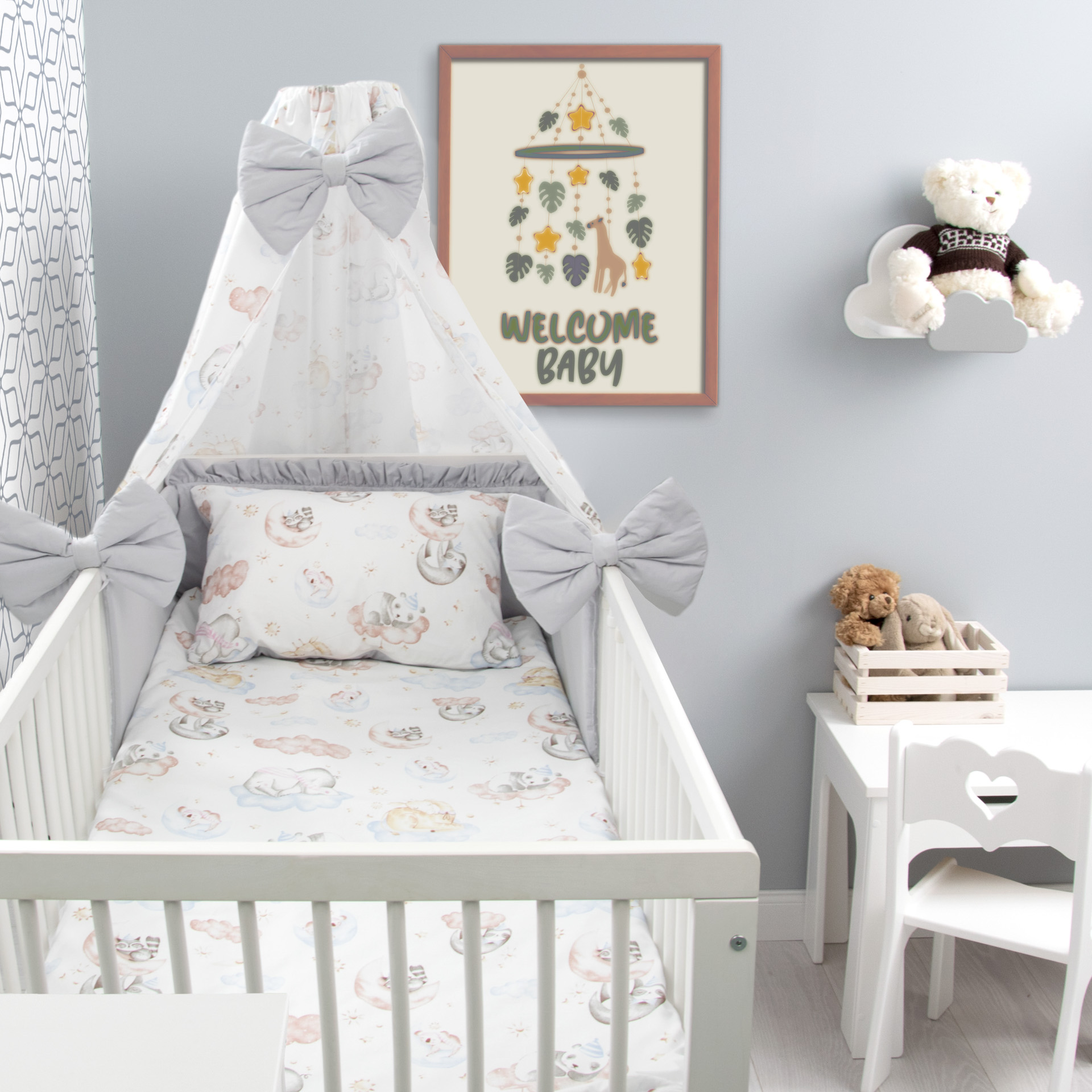 Baby 3PC Bettwäsche Set Kissen Bettbezug Nestchen Für Kinderbett 120x60cm Grau 