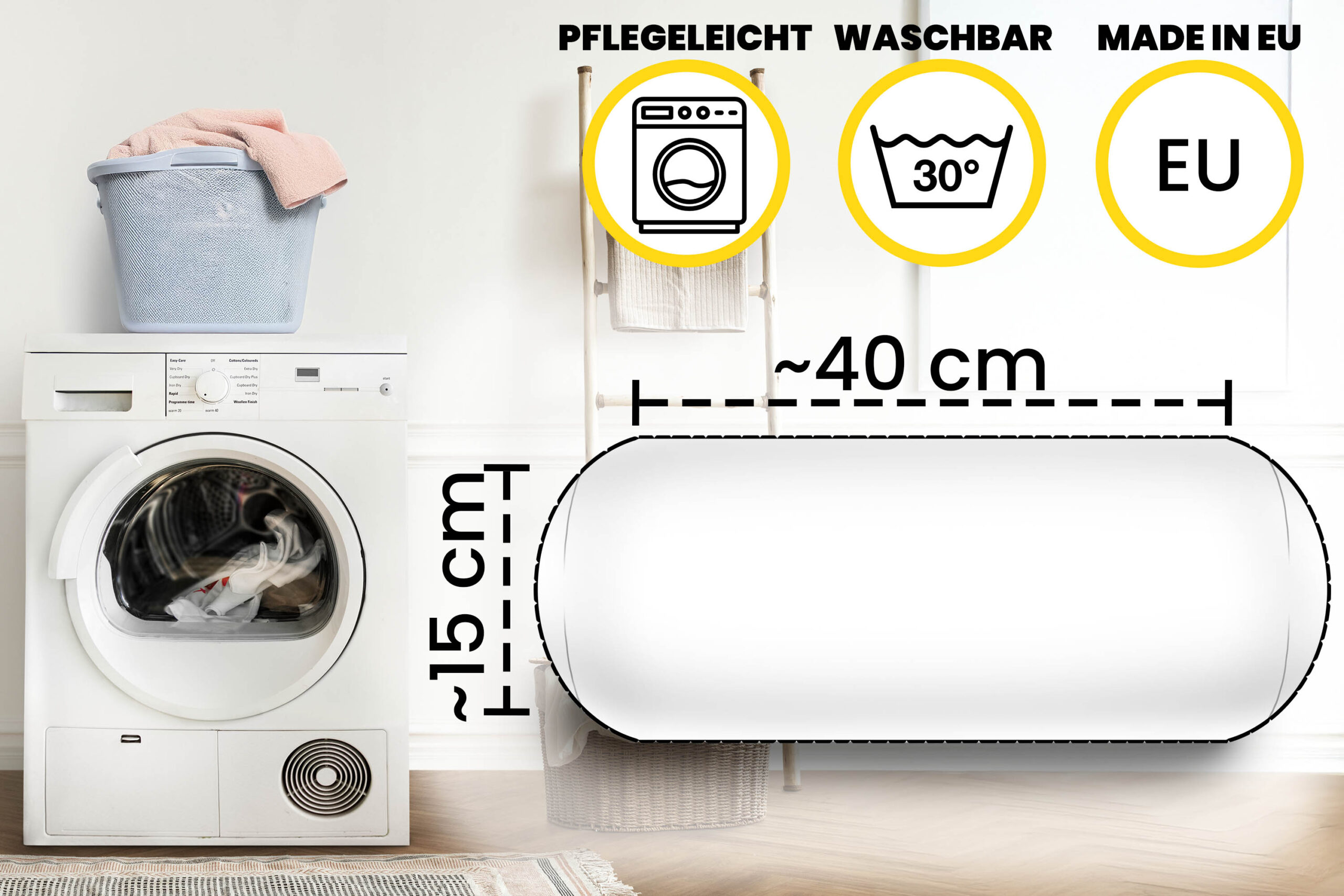Nackenrollenbezug 15x40 cm - waschbarer Ersatzbezug mit verdecktem Reißverschluss für Nackenrolle, Kissenrolle & Bettrolle