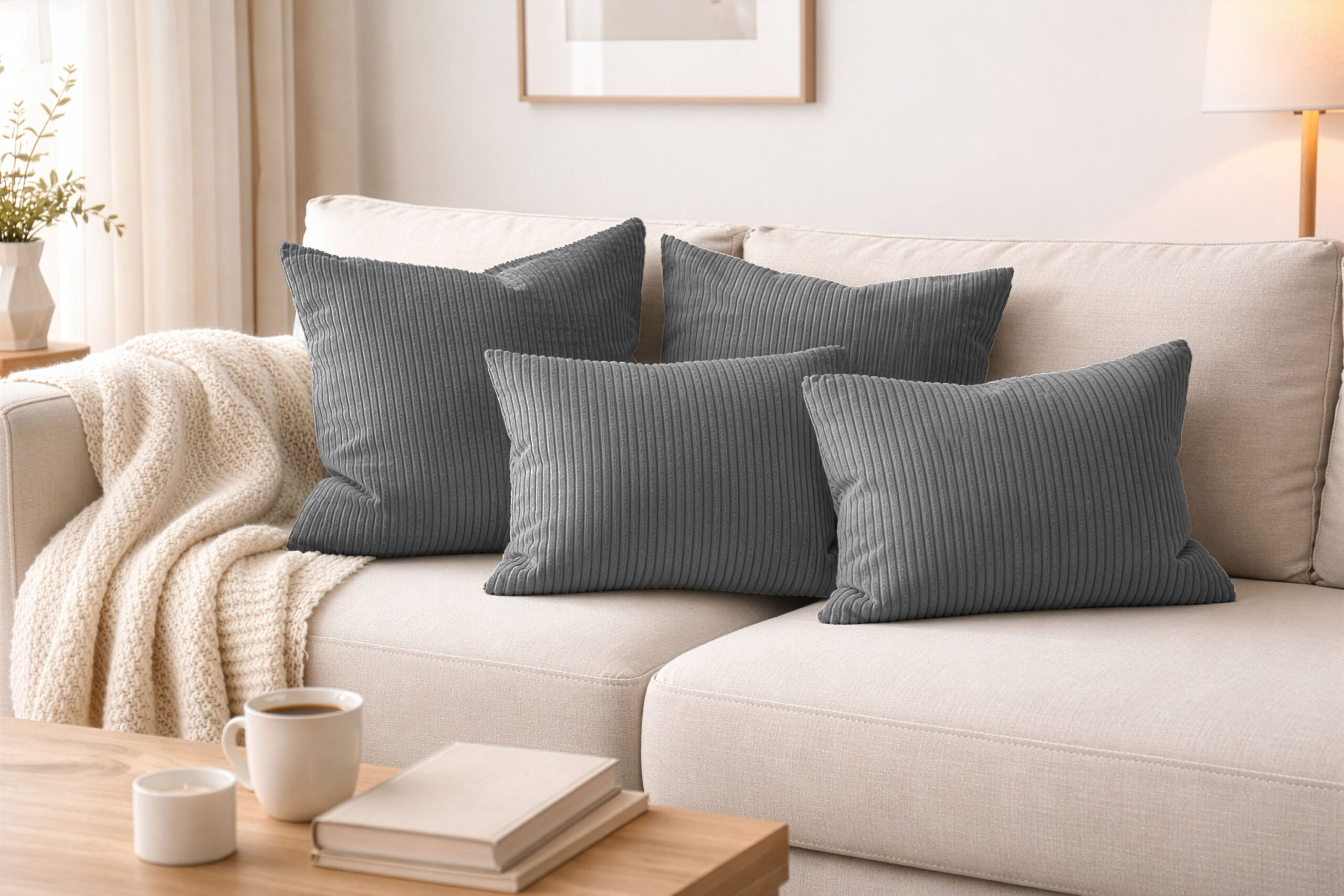 Dekokissen 4er Set mit Füllung – Sofakissen 2x 50×50 + 2x 35×45 cm – Zierkissen Couchkissen fürs Wohnzimmer in Cord-Optik