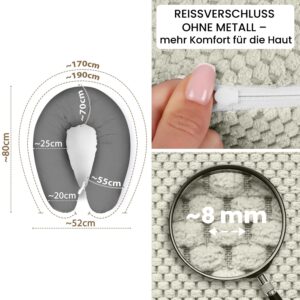 Stillkissenbezug 170 cm - Bezug für Seitenschläferkissen und Schwangerschaftskissen mit Reißverschluss