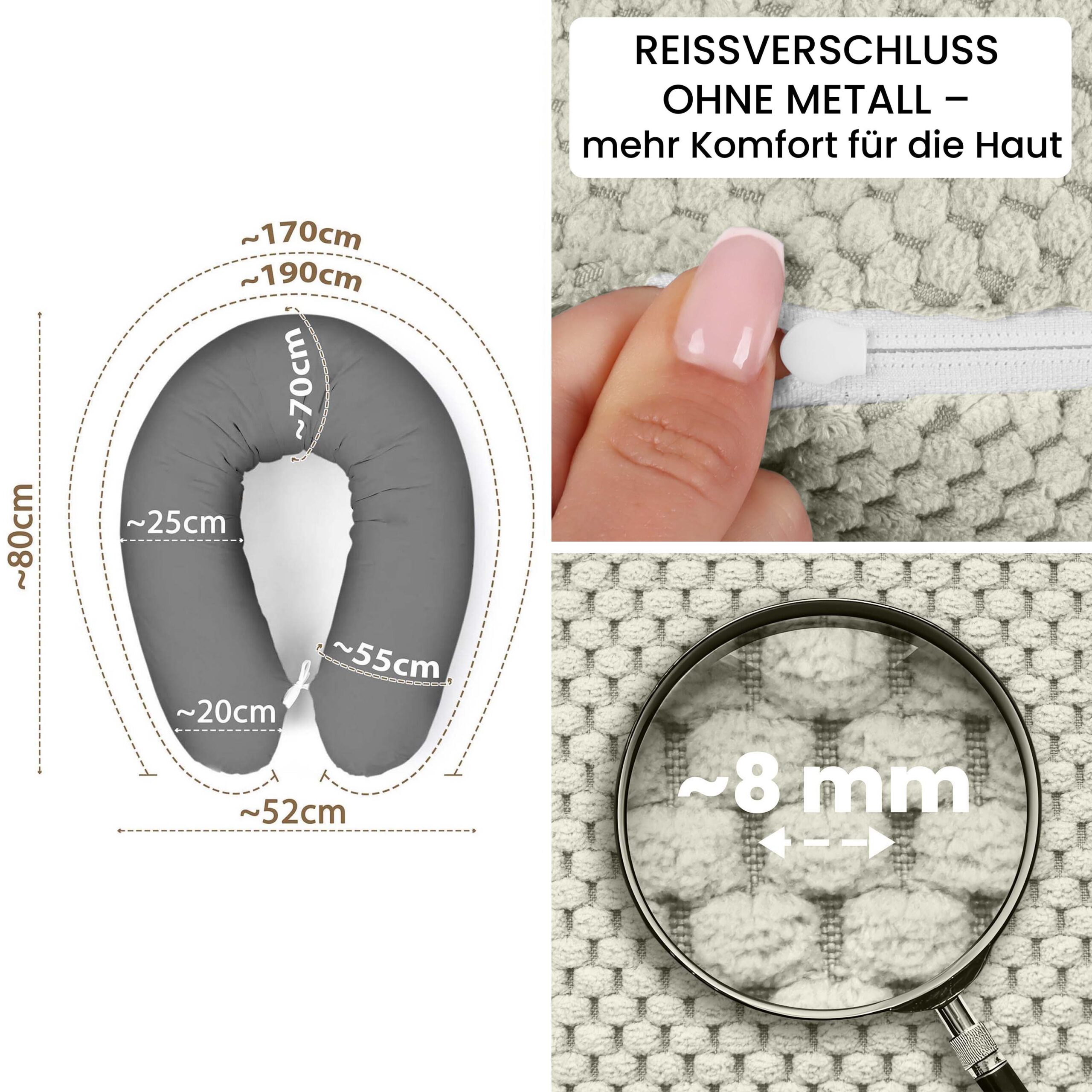 Stillkissenbezug 170 cm - Bezug für Seitenschläferkissen und Schwangerschaftskissen mit Reißverschluss