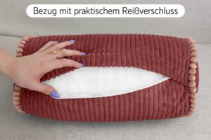 Nackenrolle 15x40 cm - weiche Bettrolle in Cord-Optik mit Kontrastpaspel, formstabile Kissenrolle fürs Sofa