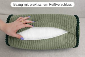Nackenrolle 15x40 cm - weiche Bettrolle in Cord-Optik mit Kontrastpaspel, formstabile Kissenrolle fürs Sofa