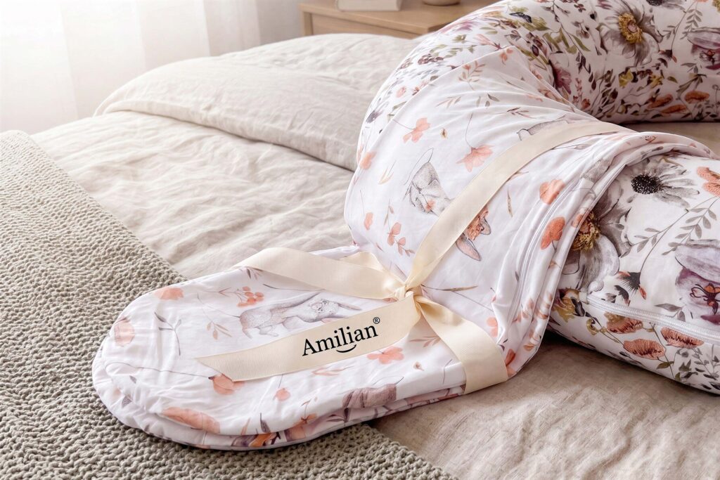 Stillkissen 170 cm mit Stillkissenbezug als Geschenk, gebunden mit Amilian-Schleife