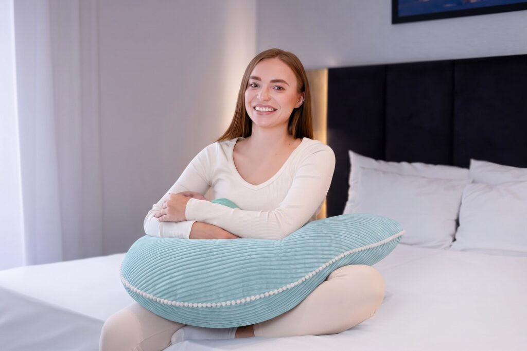 Lächelnde Frau mit einem blauen Amilian Stillkissen XXL 170 cm mit Paspel auf dem Bett